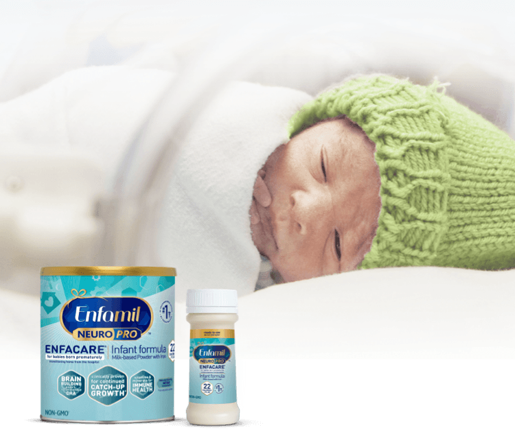 Premature baby swaddled in a blanket and a showcase of the Enfamil® NeuroPro™ EnfaCare® product lineup