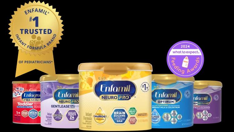 Lineup of Enfamil Family of Formulas that are #1 trusted brand of pediatricians and parents, as well as all Enfamil and Enfagrow products are SNAP Eligible, and a 2023 What to Expect Favorite