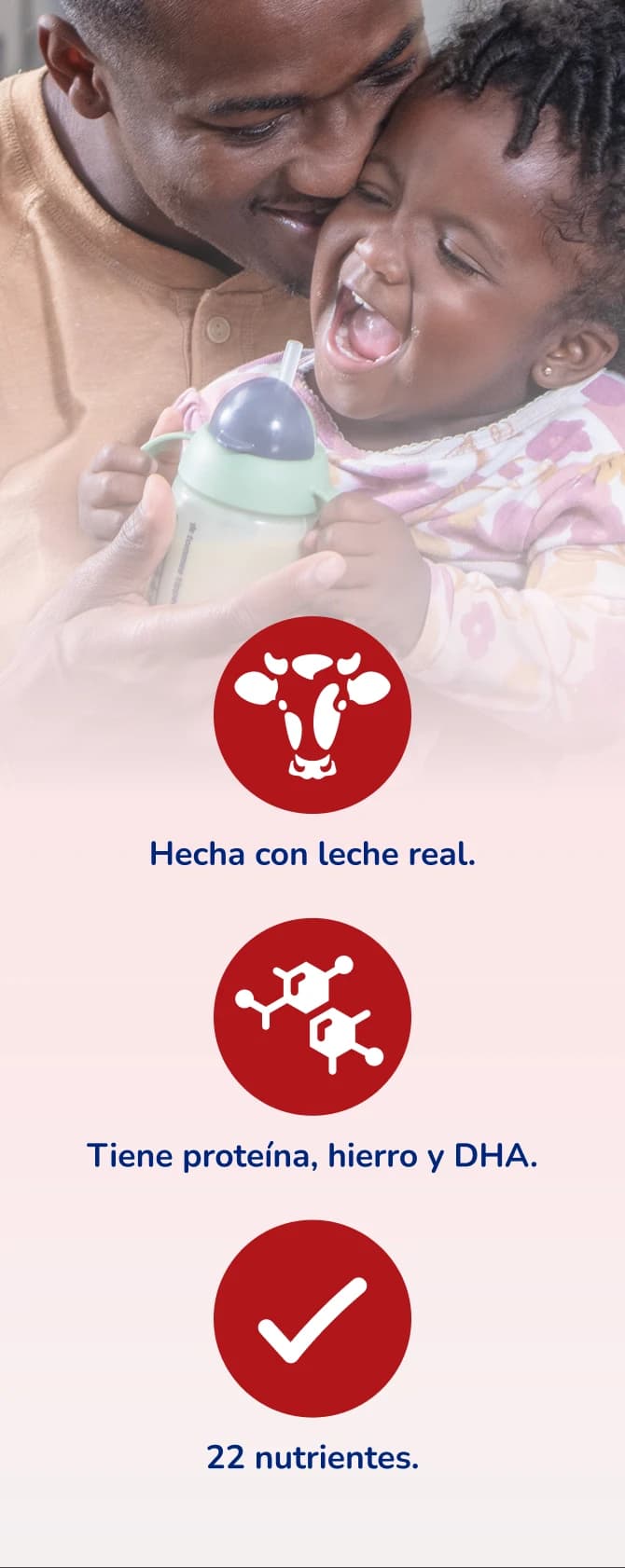 Elaborado con leche real, contiene proteínas, hierro y DHA, y cuenta con 22 nutrientes.
