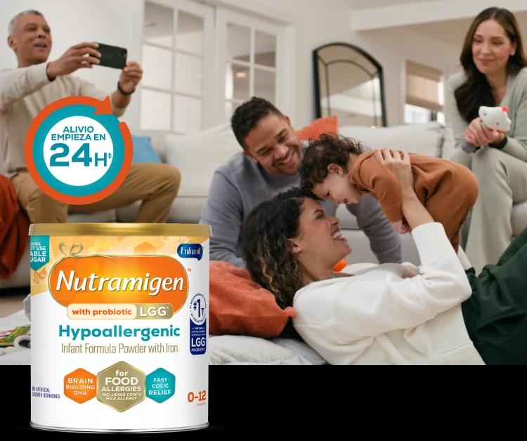 Bebé feliz y sonriente, Nutramigen® con Probiótico LGG®, la marca de fórmula hipoalergénica #1 para bebés más confiable, la única fórmula hipoalergénica con probiótico LGG®