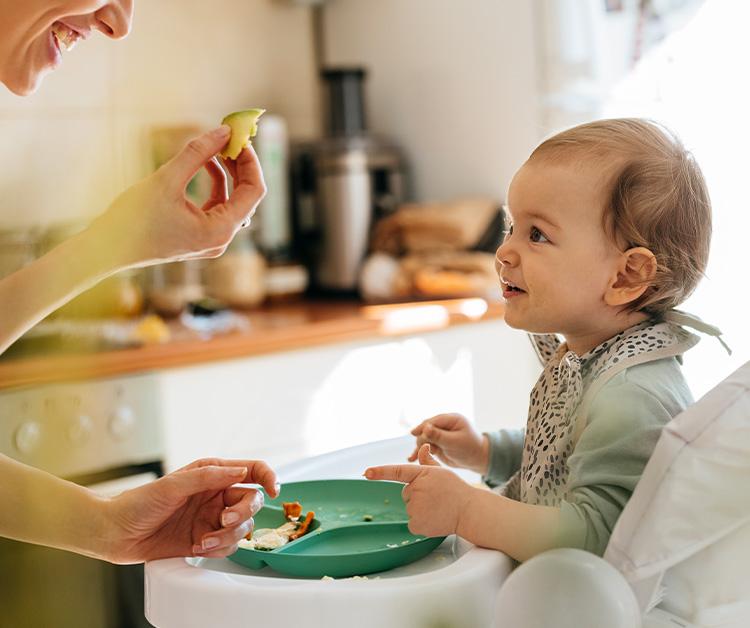Toddler in a high chair offering food to mom